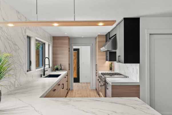 Interior, Kitchen, Marble, Marble Walls, Recessed Lighting, Stainless Steel Appliances