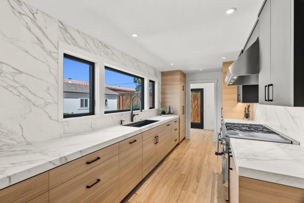 Interior, Kitchen, Marble Walls, Recessed Lighting, Wood Texture Flooring