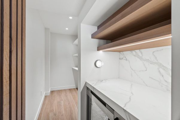 Interior, Marble Walls, Recessed Lighting, Wood Texture Flooring