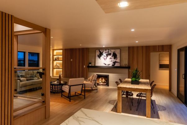 Dining room, Fireplace, Interior, Living room, Recessed Lighting, Wood Texture Flooring