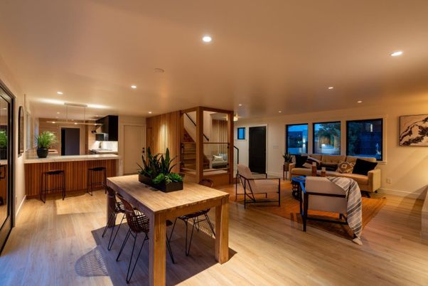Dining room, Interior, Living room, Recessed Lighting, Wood Texture Flooring