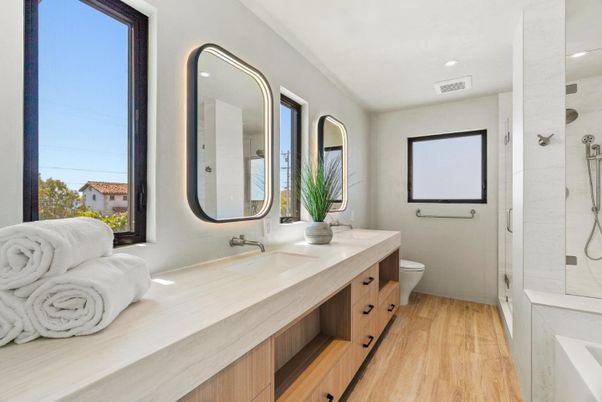 Bathroom, Dual Sink Vanities, Glass Shower, Interior, Recessed Lighting, Wood Texture Flooring