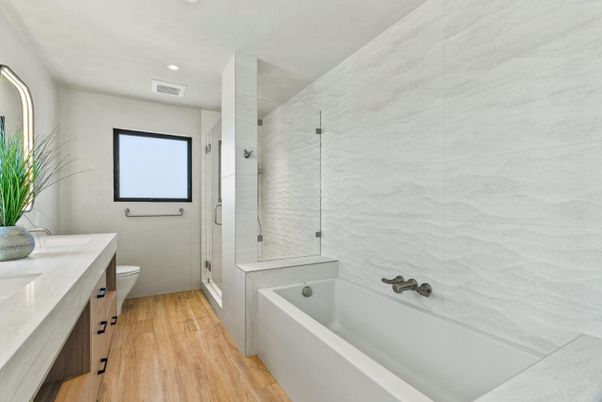 Bathroom, Glass Shower, Interior, Marble Walls, Recessed Lighting, Wood Texture Flooring