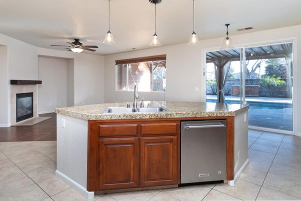 Fireplace, Interior, Kitchen, Pendant Lights