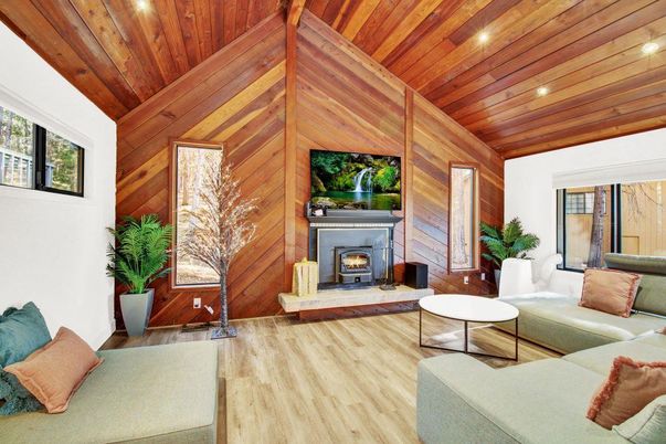 Fireplace, Interior, Living room, Recessed Lighting, Wooden Ceilings, Wood Texture Flooring, Wooden Walls