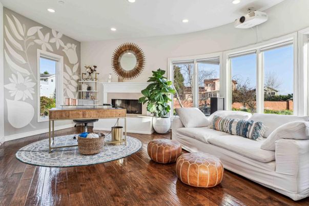 Fireplace, Home Office, Interior, Living room, Recessed Lighting, Wood Texture Flooring
