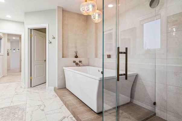 Bathroom, Free Standing Baths, Glass Shower, Interior, Marble, Pendant Lights, Recessed Lighting