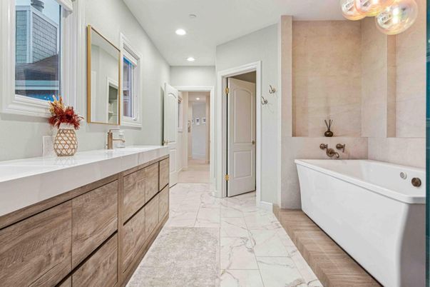 Bathroom, Dual Sink Vanities, Free Standing Baths, Interior, Marble, Recessed Lighting