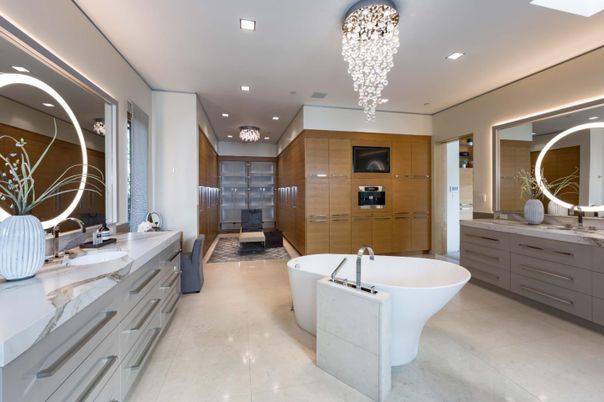 Bathroom, Dual Sink Vanities, Free Standing Baths, Glass Shower, Interior, Recessed Lighting