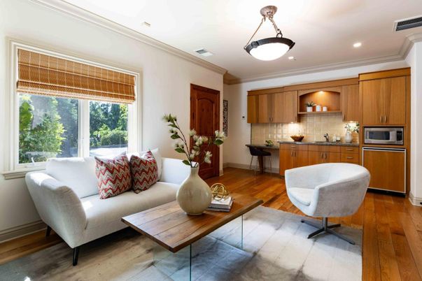 Interior, Kitchen, Living room, Recessed Lighting, Stainless Steel Appliances, Wood Texture Flooring