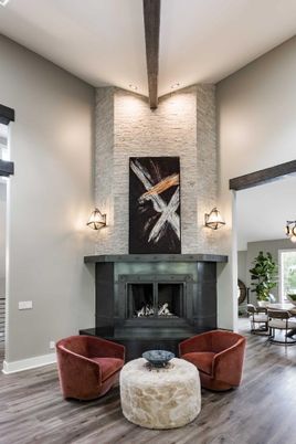Dining room, Fireplace, Interior, Living room, Recessed Lighting, Stone Walls, Wooden Beams, Wood Texture Flooring