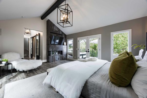Bedroom, Fireplace, Interior, Pendant Lights, Wooden Beams, Wood Texture Flooring