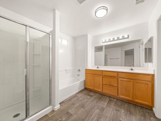 Bathroom, Dual Sink Vanities, Glass Shower, Interior, Wood Texture Flooring