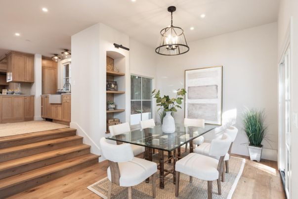 Dining room, Interior, Pendant Lights, Recessed Lighting, Wood Texture Flooring