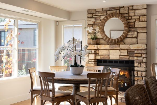 Dining room, Fireplace, Interior, Recessed Lighting, Stone Walls, Wood Texture Flooring