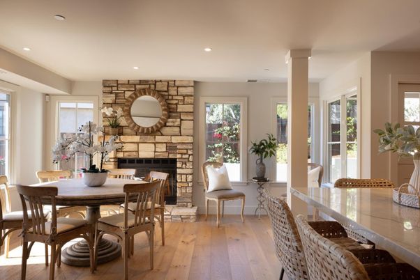 Dining room, Fireplace, Interior, Recessed Lighting, Stone Walls, Wood Texture Flooring