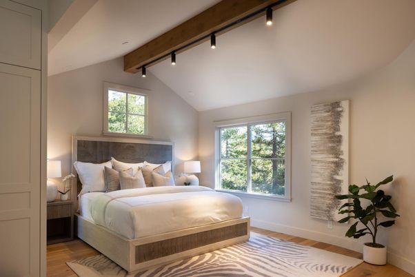 Bedroom, Interior, Recessed Lighting, Wooden Beams, Wood Texture Flooring