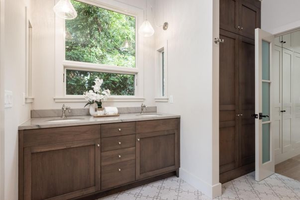 Bathroom, Dual Sink Vanities, Interior, Pendant Lights, Wood Texture Flooring