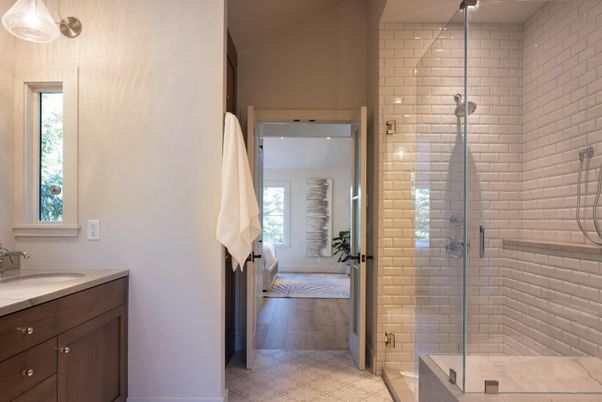 Bathroom, Dual Sink Vanities, Glass Shower, Interior, Wood Texture Flooring