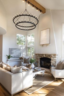 Chandelier, Fireplace, Interior, Living room, Pendant Lights, Wooden Beams, Wood Texture Flooring