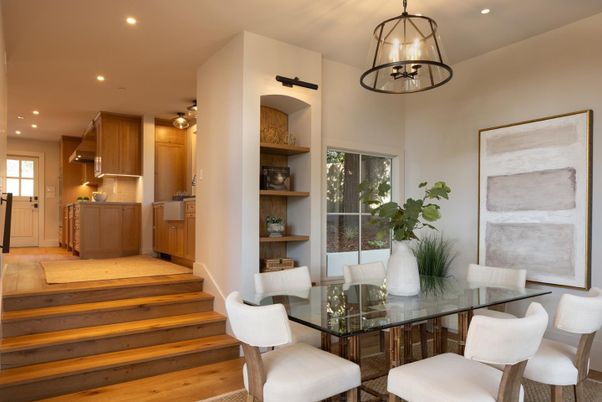 Dining room, Interior, Kitchen, Recessed Lighting, Wood Texture Flooring