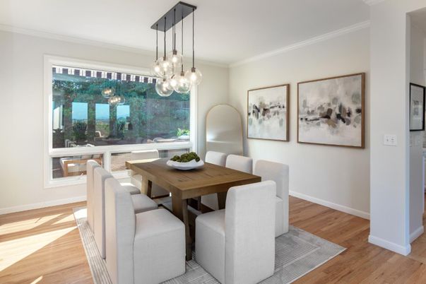 Dining room, Interior, Pendant Lights, Wood Texture Flooring