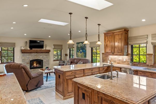 Fireplace, Interior, Kitchen, Living room, Pendant Lights, Recessed Lighting
