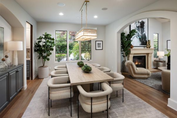 Dining room, Fireplace, Interior, Living room, Pendant Lights, Recessed Lighting, Wood Texture Flooring