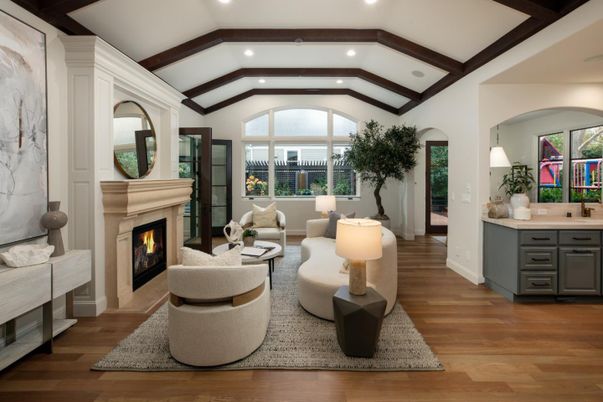 Fireplace, Interior, Living room, Recessed Lighting, Wooden Beams, Wood Texture Flooring