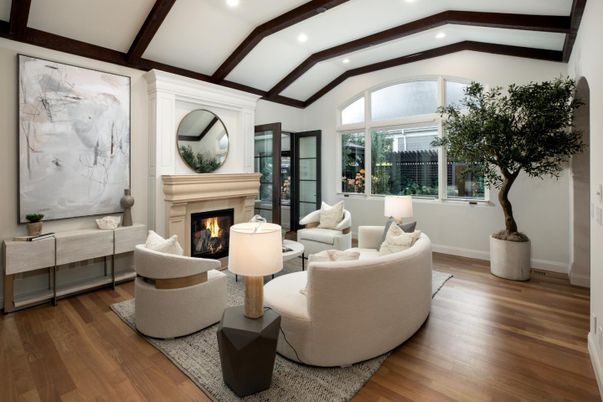 Fireplace, Interior, Living room, Recessed Lighting, Wooden Beams, Wood Texture Flooring