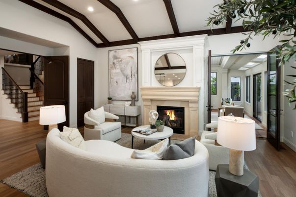 Fireplace, Interior, Living room, Recessed Lighting, Wood Texture Flooring