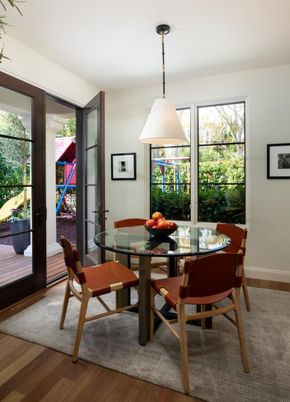 Dining room, Interior, Pendant Lights, Wood Texture Flooring