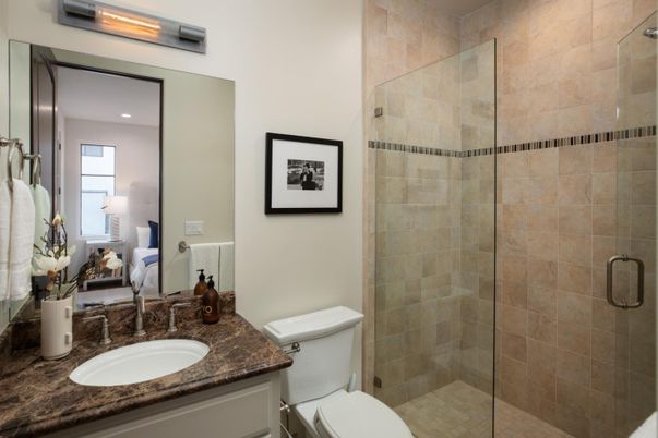 Bathroom, Glass Shower, Interior, Recessed Lighting, Stone Walls