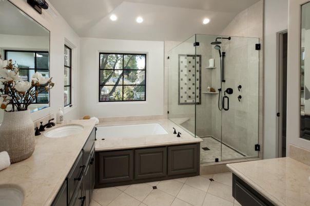 Bathroom, Dual Sink Vanities, Glass Shower, Interior, Recessed Lighting