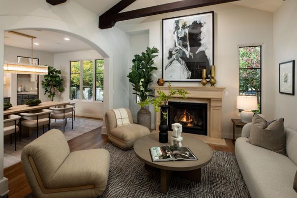 Dining room, Fireplace, Interior, Living room, Pendant Lights, Recessed Lighting, Wooden Beams, Wood Texture Flooring