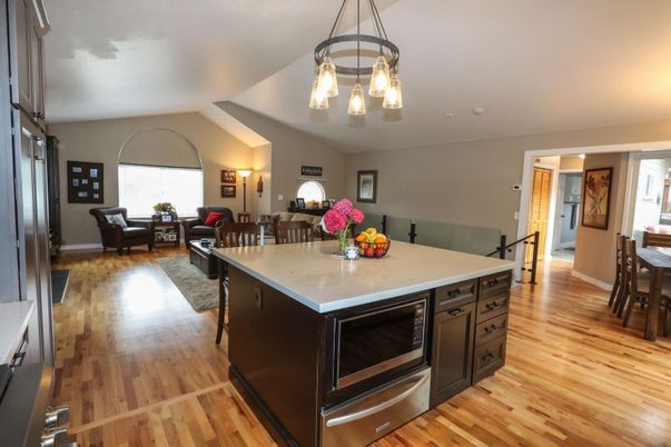 Interior, Kitchen, Living room, Pendant Lights, Stainless Steel Appliances, Wood Texture Flooring