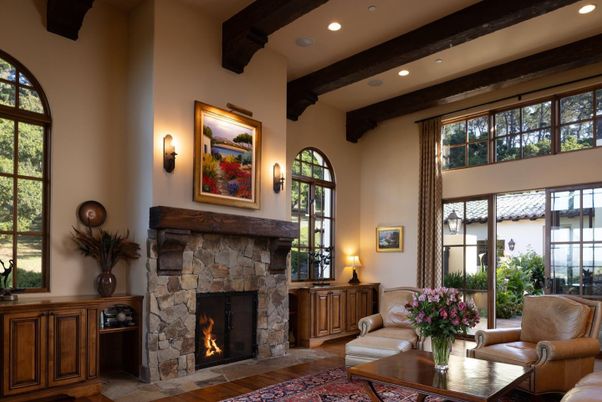 Fireplace, Interior, Living room, Recessed Lighting, Wooden Beams, Wood Texture Flooring