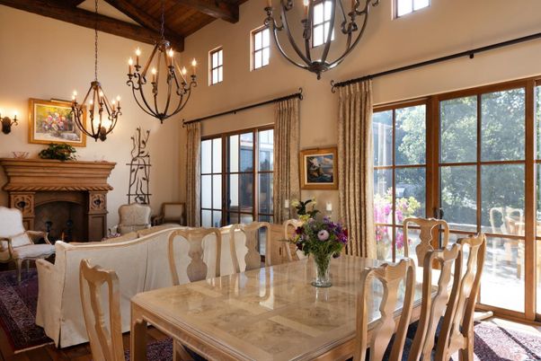 Chandelier, Dining room, Fireplace, Interior, Wooden Beams, Wood Texture Flooring