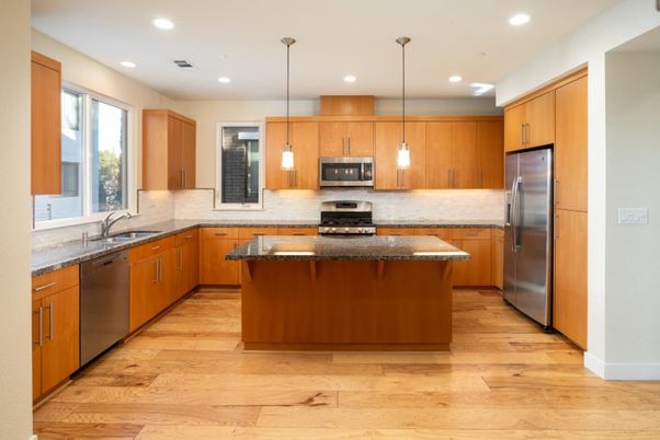 Interior, Kitchen, Pendant Lights, Recessed Lighting, Stainless Steel Appliances, Wood Texture Flooring
