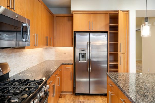 Interior, Kitchen, Pendant Lights, Stainless Steel Appliances, Wood Texture Flooring