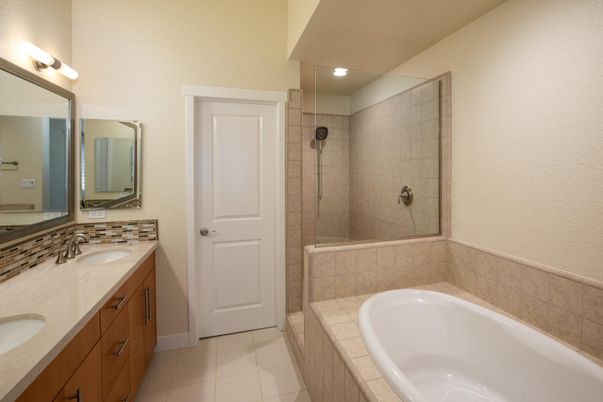 Bathroom, Dual Sink Vanities, Interior, Recessed Lighting, Tile Countertops