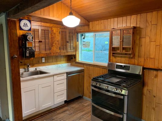Interior, Kitchen, Pendant Lights, Stainless Steel Appliances, Wooden Ceilings, Wood Texture Flooring, Wooden Walls