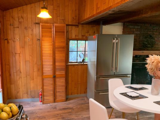 Interior, Kitchen, Stainless Steel Appliances, Stone Walls, Wood Texture Flooring, Wooden Walls