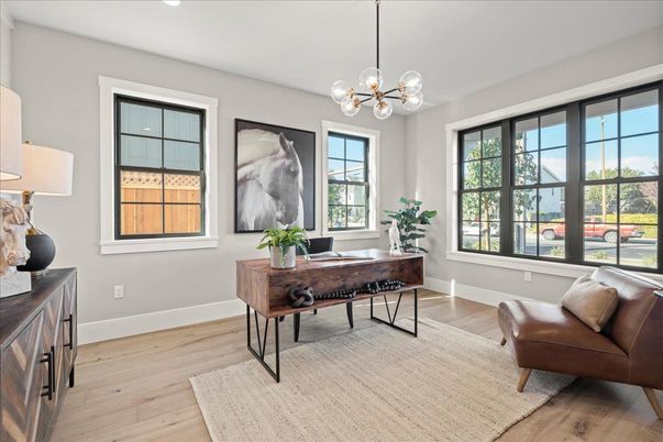 Home Office, Interior, Pendant Lights, Recessed Lighting, Wood Texture Flooring