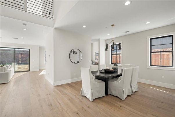 Dining room, Interior, Pendant Lights, Recessed Lighting, Wood Texture Flooring