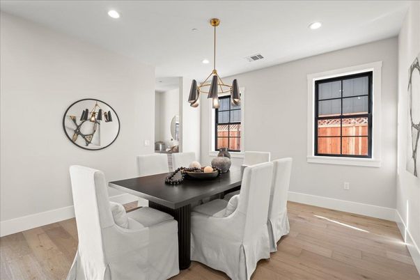 Dining room, Interior, Pendant Lights, Recessed Lighting, Wood Texture Flooring