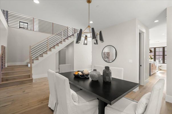 Dining room, Interior, Pendant Lights, Recessed Lighting, Wood Texture Flooring