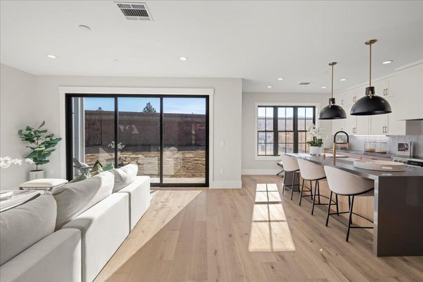 Interior, Kitchen, Living room, Pendant Lights, Recessed Lighting, Wood Texture Flooring