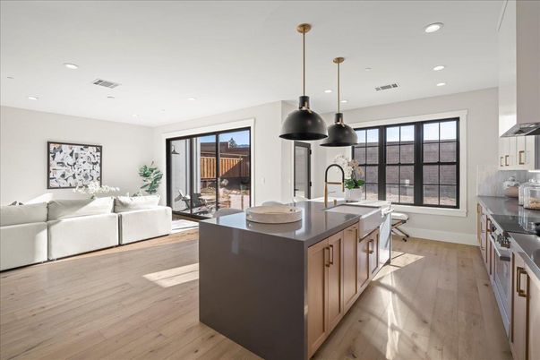 Interior, Kitchen, Living room, Pendant Lights, Recessed Lighting, Stainless Steel Appliances, Wood Texture Flooring