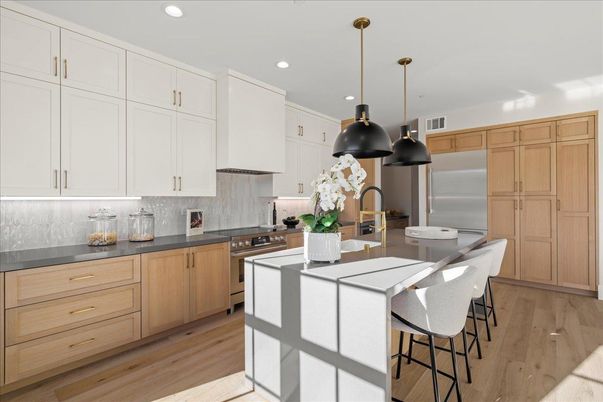 Interior, Kitchen, Pendant Lights, Recessed Lighting, Stainless Steel Appliances, Wood Texture Flooring